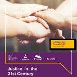 Cover of booklet Title written Justice in the 21st Century Discussions about justice in the current situation in our society